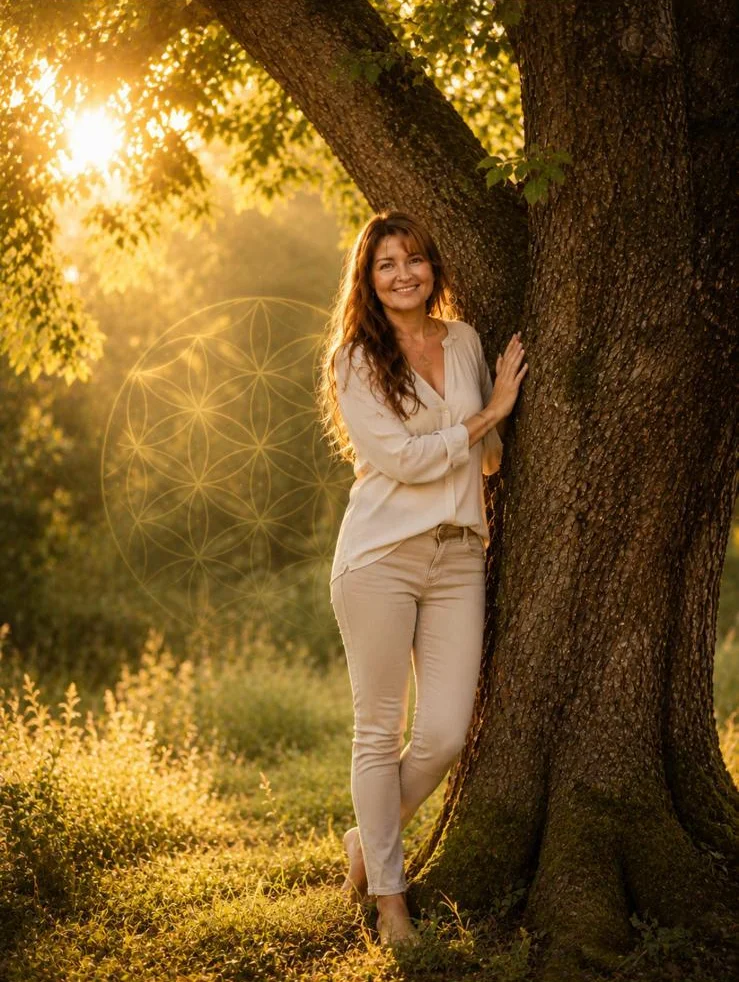 Diana Westermann an einem alten Baum im goldenen Abendlicht